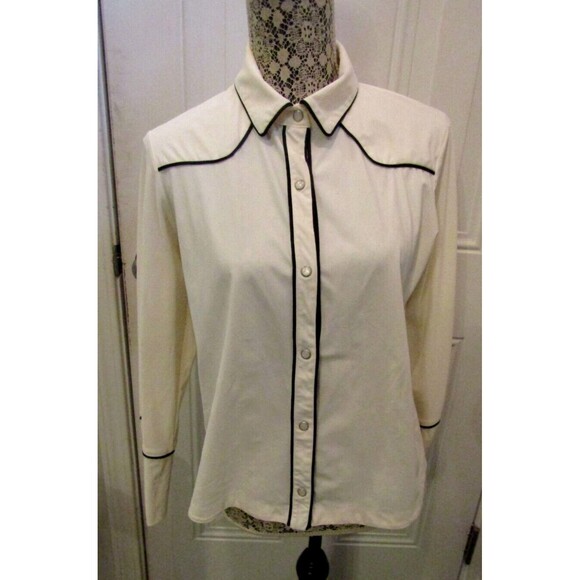 Indies Pearl Snap Shirt Western Ivory Collared Black Trim Womens Size 38 US S - Picture 2 of 9